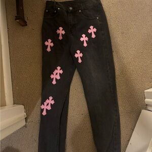 Chrome Hearts Black and Pink Straight Jeans with Playful Crosses